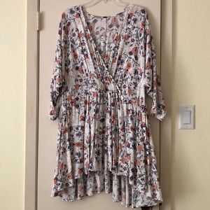 Free People White Floral Wrap Mini Dress with Orange and Blue Flowers